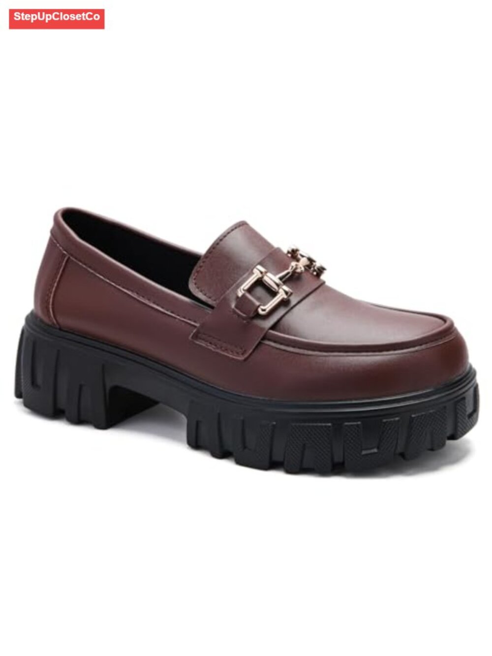 Women's Platform Chunky Loafers with Chain, Slip-On Dressy Business Shoes